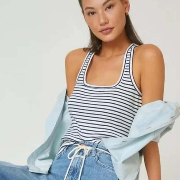 Anthropologie Tops - Anthropologie Maeve Blue Stripe Racerback Scoop Neck Tank Top Size XL NWT